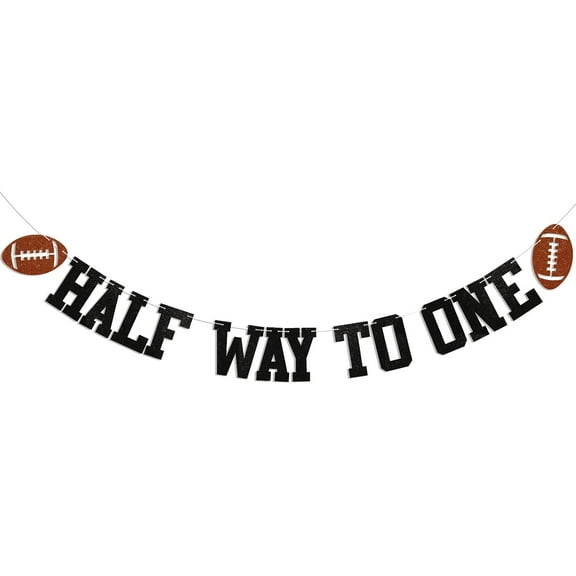 Football Half Way to One Banner - Football Theme Baby Shower Sign, Half Time Banner, Rugby Welcome Baby Birthday Party Decorations Black Glitter