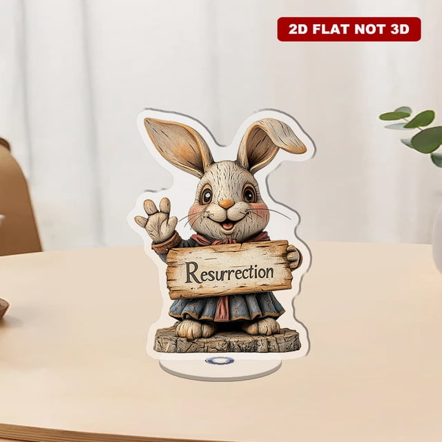 figurine Acrylique Rotative avec un Mignon Lapin avec Oreilles et Pattes Tenant un Signe Qui Dit Résurrection dans un design Minimaliste Rétro vibrant
