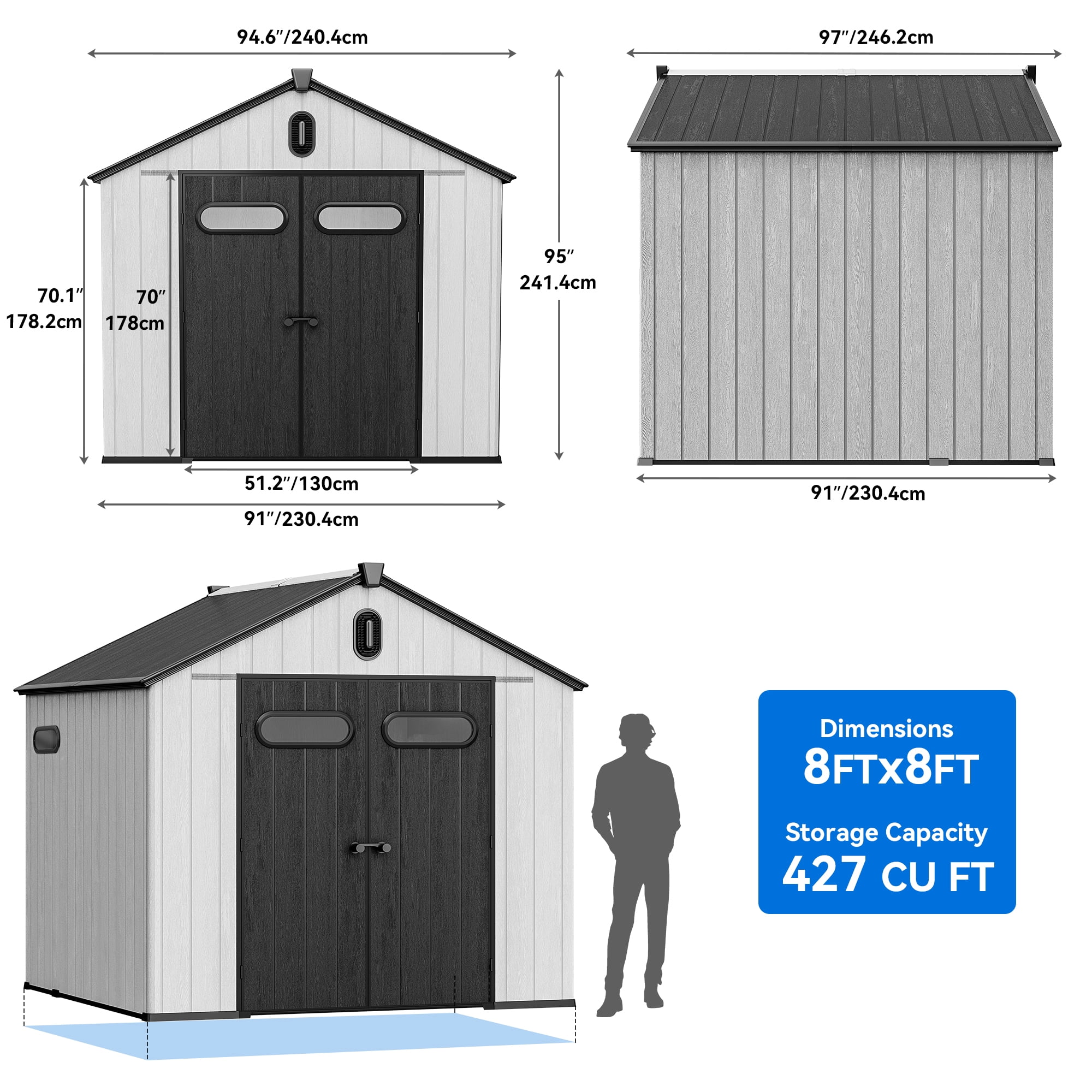 Dextrus 8x8ft Outdoor Resin Storage Shed with Floor, 427cuft Garden Shed with Lockable Door, Windows & Vents, Plastic Tool Storage，Waterproof