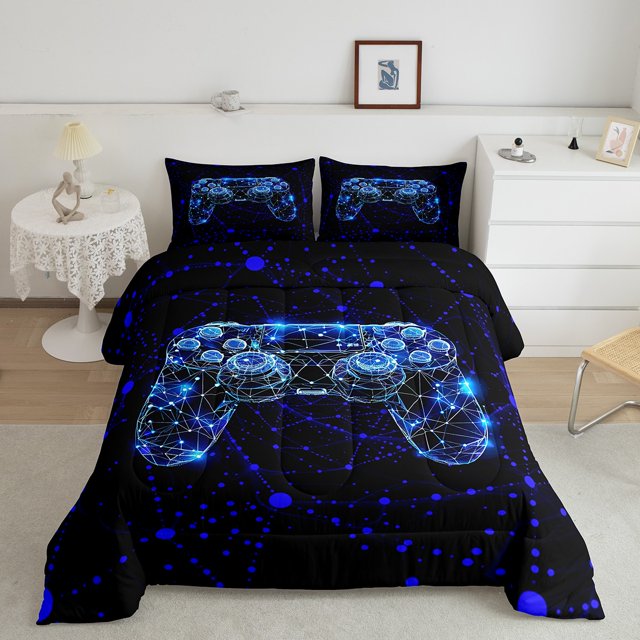 Erosebridal Gaming Gamepad Bedding Sets Queen with Comforter, Mystic Geometric Duvet Insert, Abstract Stripe Decor, Reversible