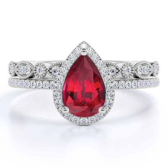 JeenMata 1.50 Carat Pear Shaped Sunset Lab Created Ruby Engagement Set - Antique Ring - 18k White Gold over Silver