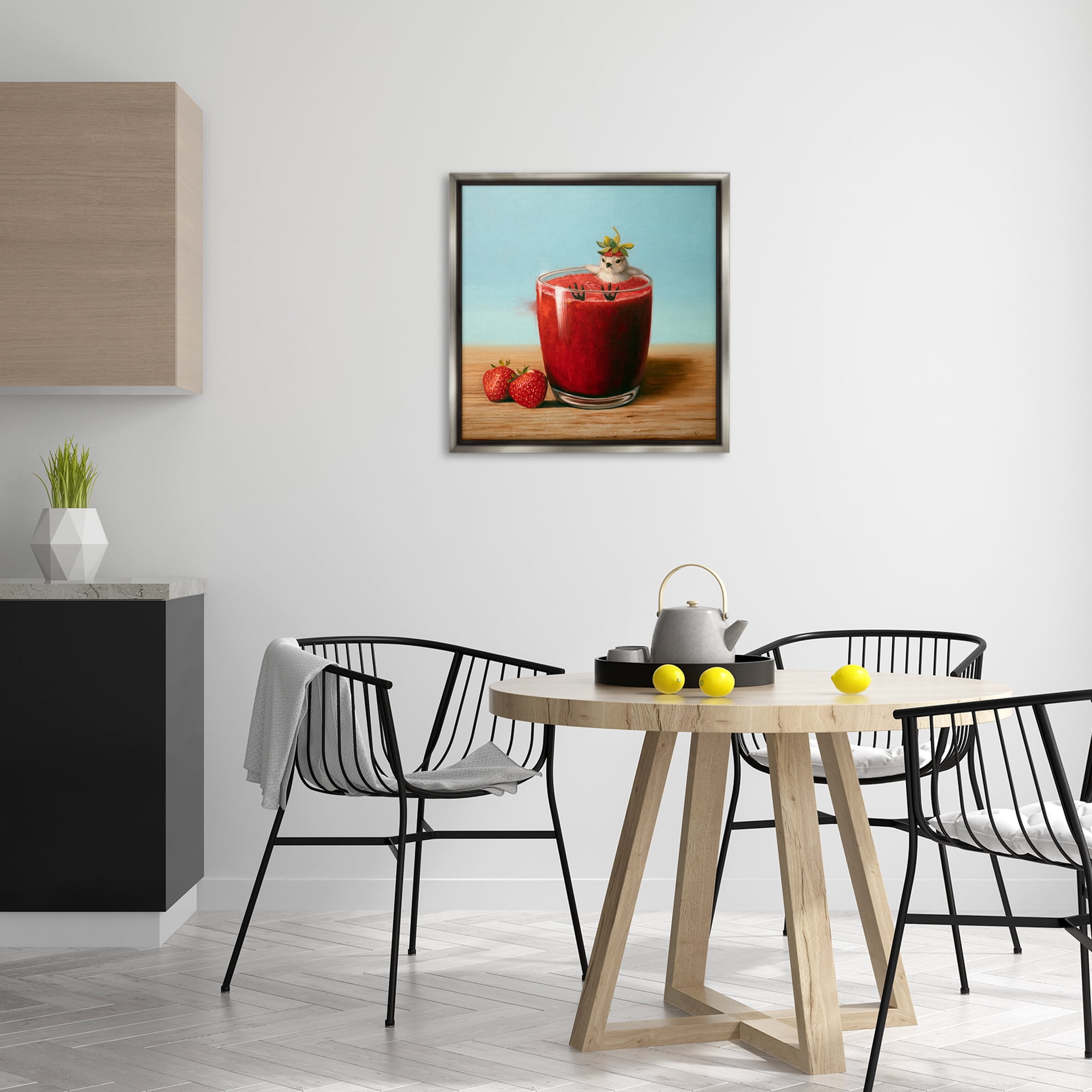 Stupell Industries Bird in Strawberry Drink Food & Beverage Painting Gray Floater Framed Canvas Art Print Wall Art, 25 x 25