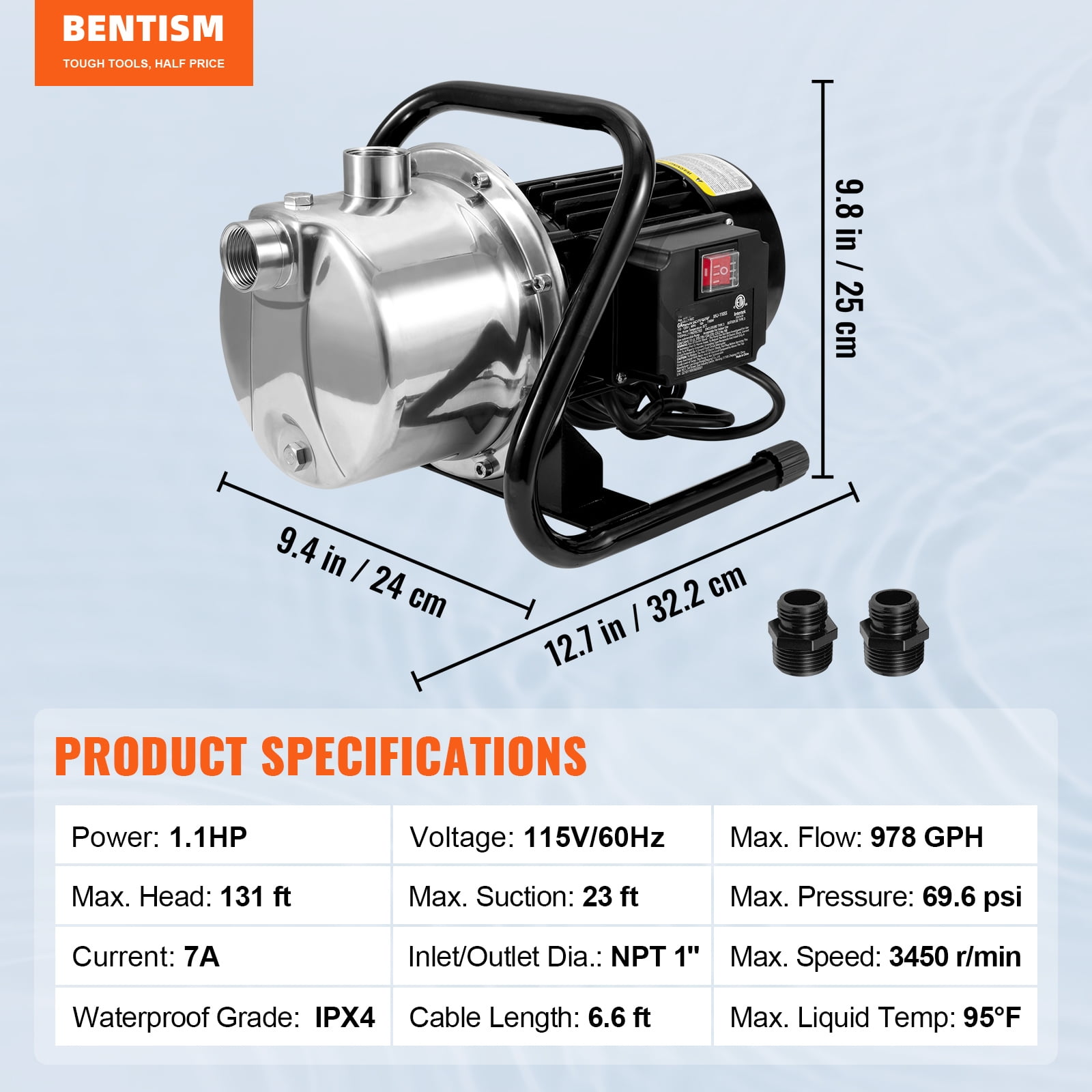 VEVOR Shallow Well Pump Portable Garden Water Jet Pump 1.1HP 978 GPH 131 ft Head