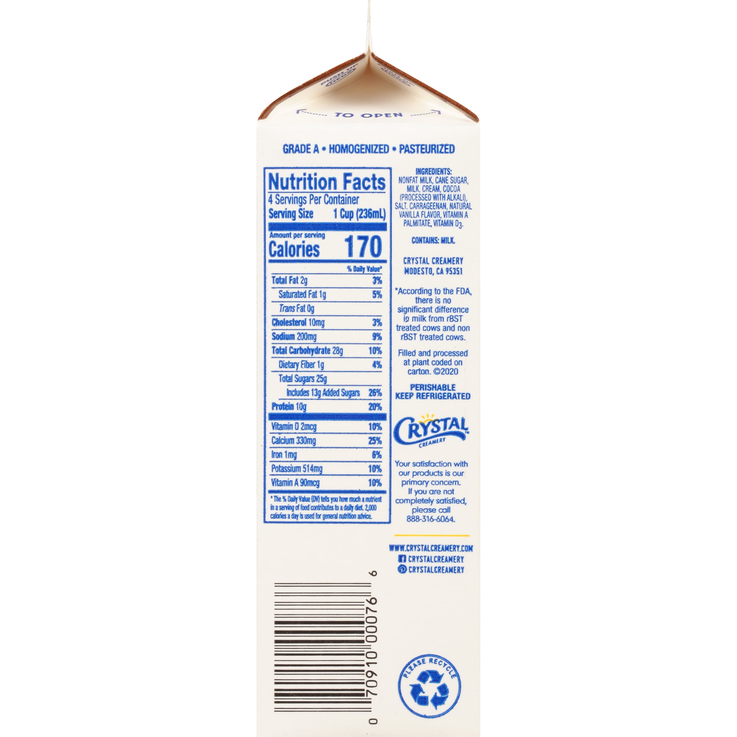Crystal Creamery Fresh 1% Low-Fat Chocolate Milk, Paper, Carton, Quart 32 fl oz