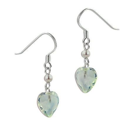 Aurora Borealis Crystal Heart and Pearl Bead Sterling Silver Hook Earrings
