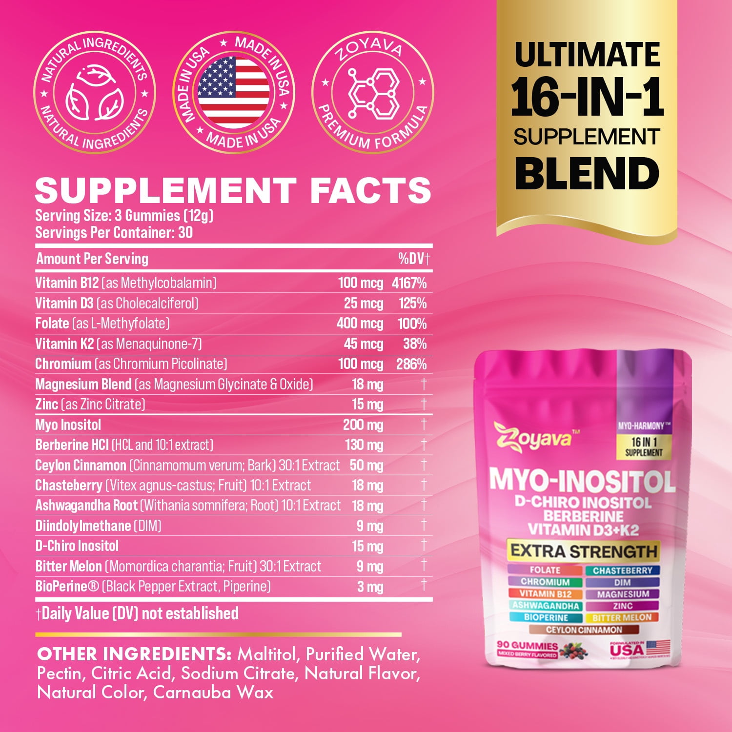 Myo-Inositol Gummies, D-Chiro Inositol, Berberine, Vitamin B12 D3 K2, Folate, Chromium, Chasteberry, Ceylon Cinnamon, Bitter Melon, Ashwagandha, Zinc, Magnesium, DIM Bioperine,Mixed Berry, 90 Gummies