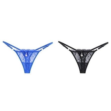 2-Pack Women Sheer Lace Thong Adjustable Waist Bow Mesh Seamless Panties Matching Underwear V Back Lace Panties Women Underwear Pack Womens Work Out Panties Half Womens Underwear Nylon Women s