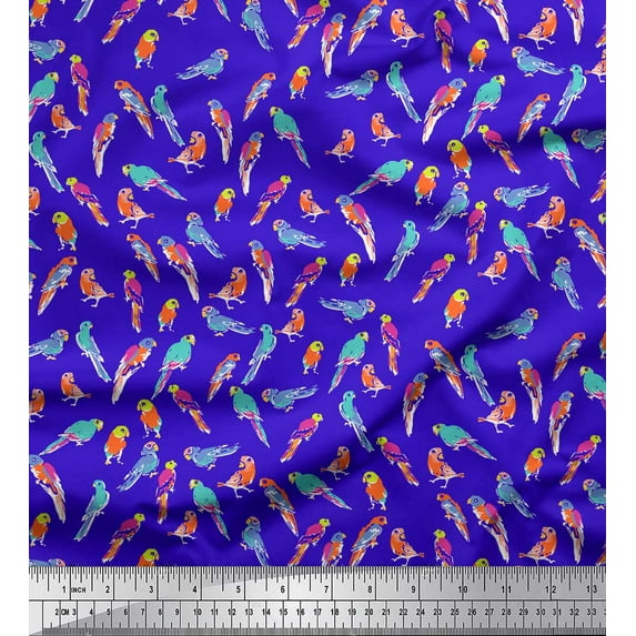 Soimoi Blue Velvet Fabric Parrots Watercolor Print Fabric by Yard 60 Inch Wide