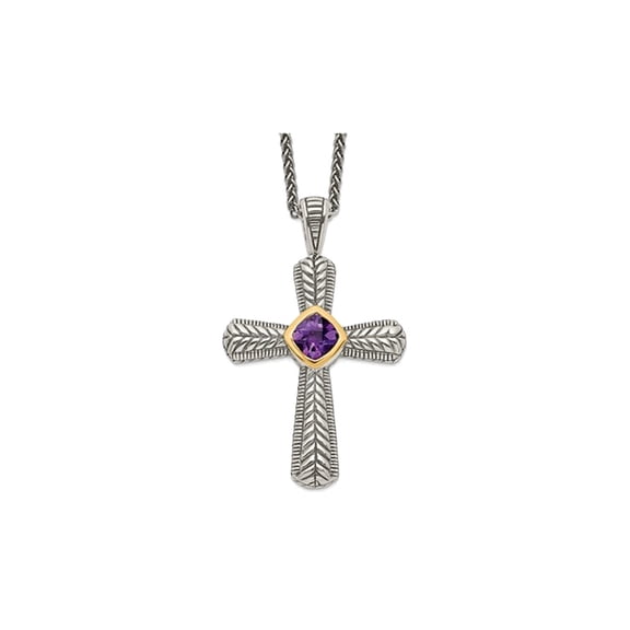 2/3 Carats (Ctw) Natural Amethyst Cross Pendant Necklace in Sterling Silver with 14K Gold Accents and Chain for Women
