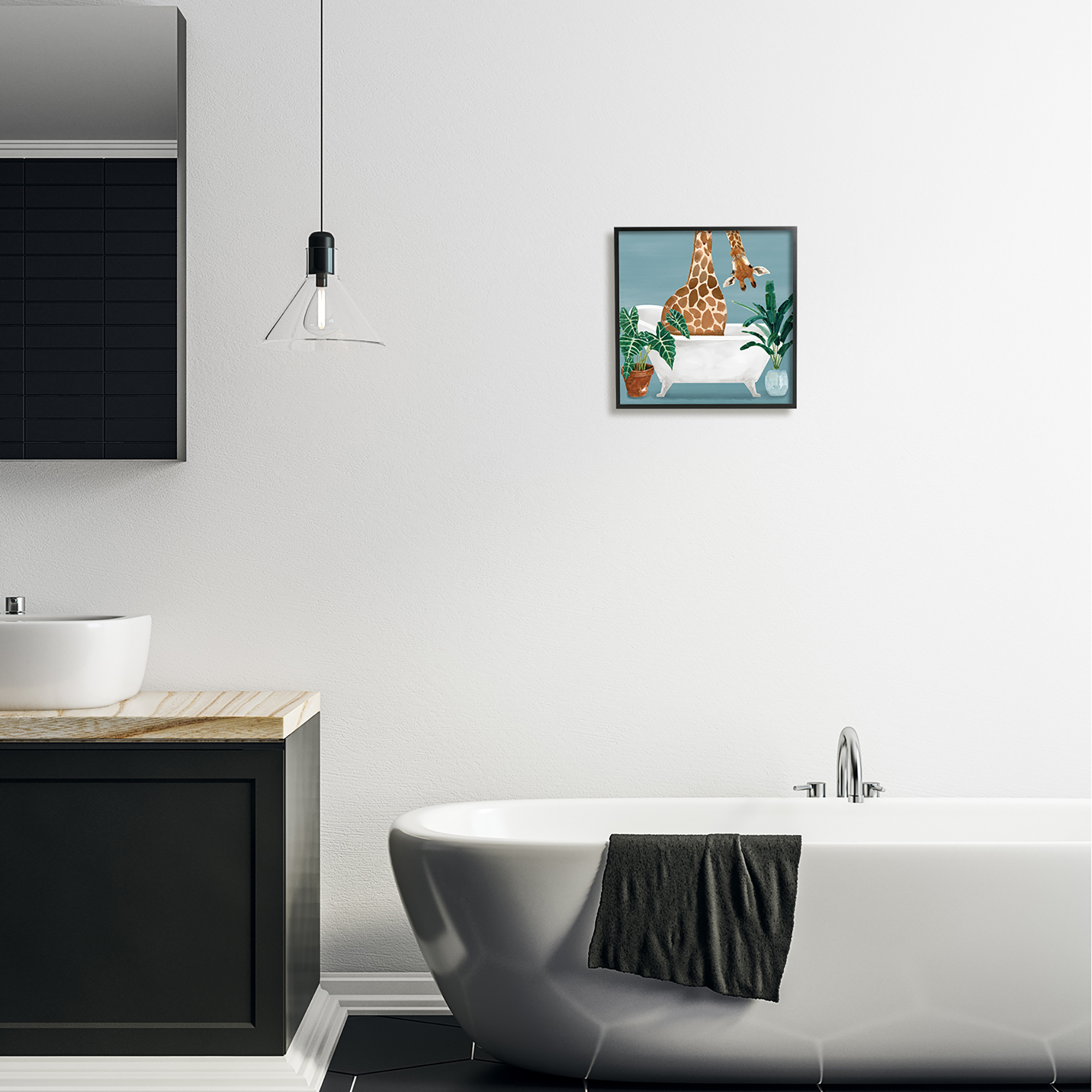 Stupell Industries Botanical Bathroom Giraffe Animals & Insects Painting Black Framed Art Print Wall Art, 12 x 12