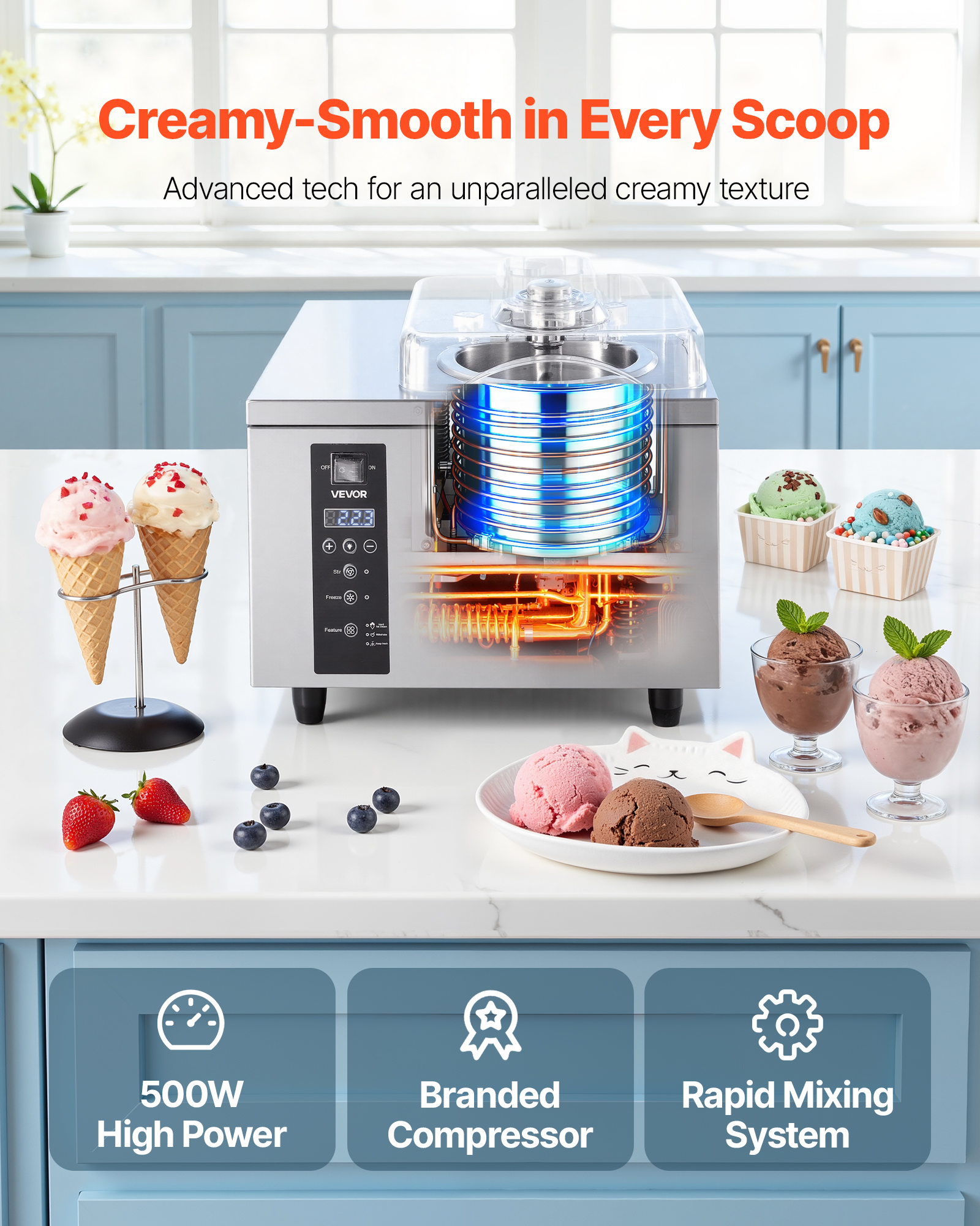 VEVOR Commercial Hard Ice Cream Machine, 500W 1.32 Gal/Hour, Gelato Hard Serve Ice Cream Maker with 2.8L 304 Stainless Steel Cylinder, Auto Clean LED Panel High Productivity for Snack Bar Restaurants