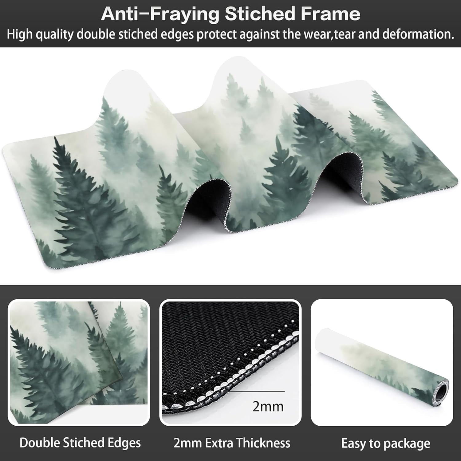 Extended Large Gaming Mouse Pad, Misty Forest Large Desk Mat for Desktop XXL, Non-Slip Rubber Base Stitched Edges Long Computer Keyboard Desk Pad Mouse Mat for Gaming Home Office 35.4"X15.7"