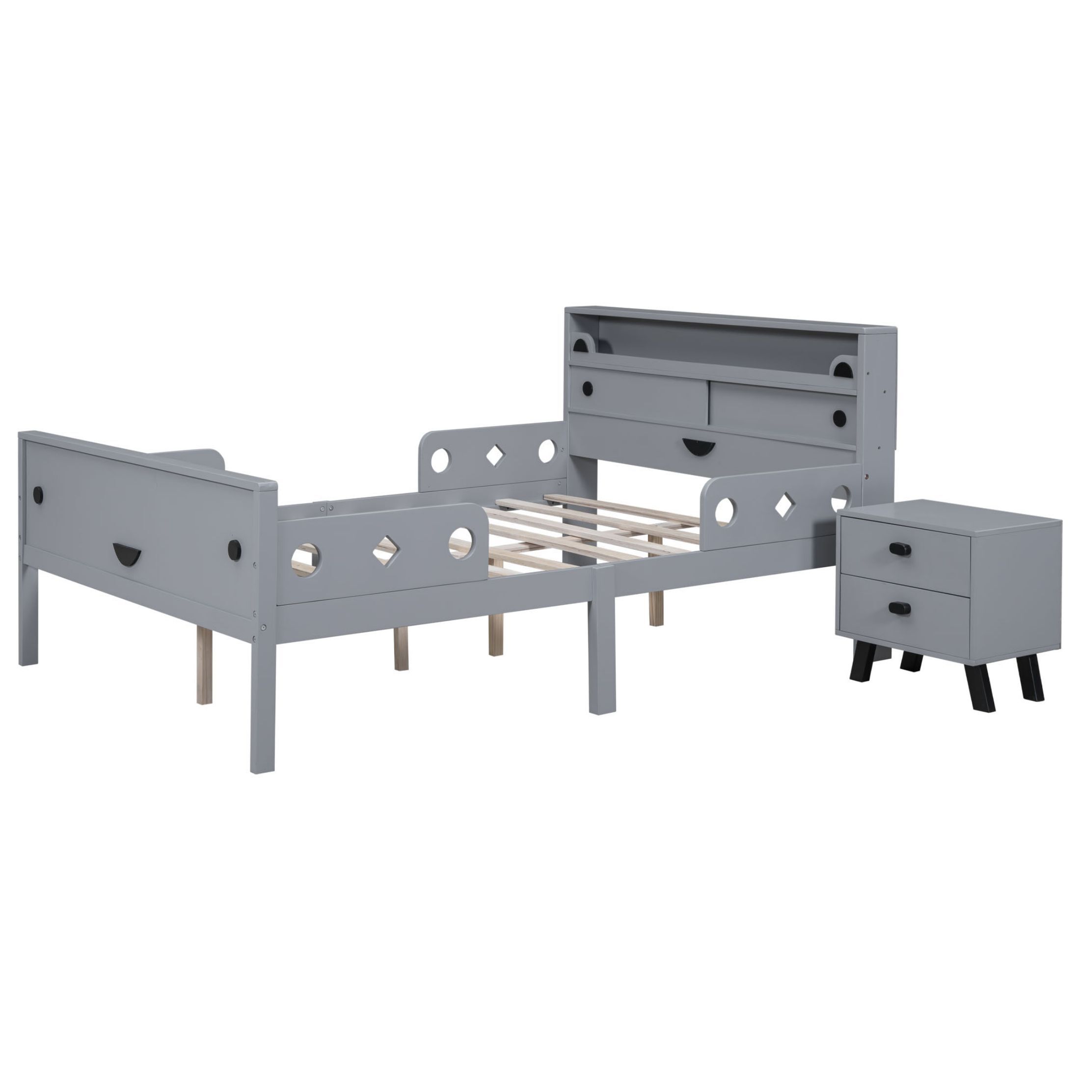 DEALTOPS Cute Teddy Bear Full Size Platform Bed with Small Nightstand Set for Kids' Bedroom, Gray