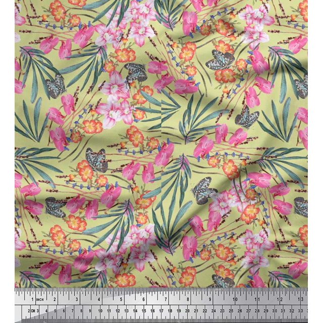 Soimoi Moss Georgette Fabric & Orchids Floral Print Fabric by Yard 42 Inch Wide