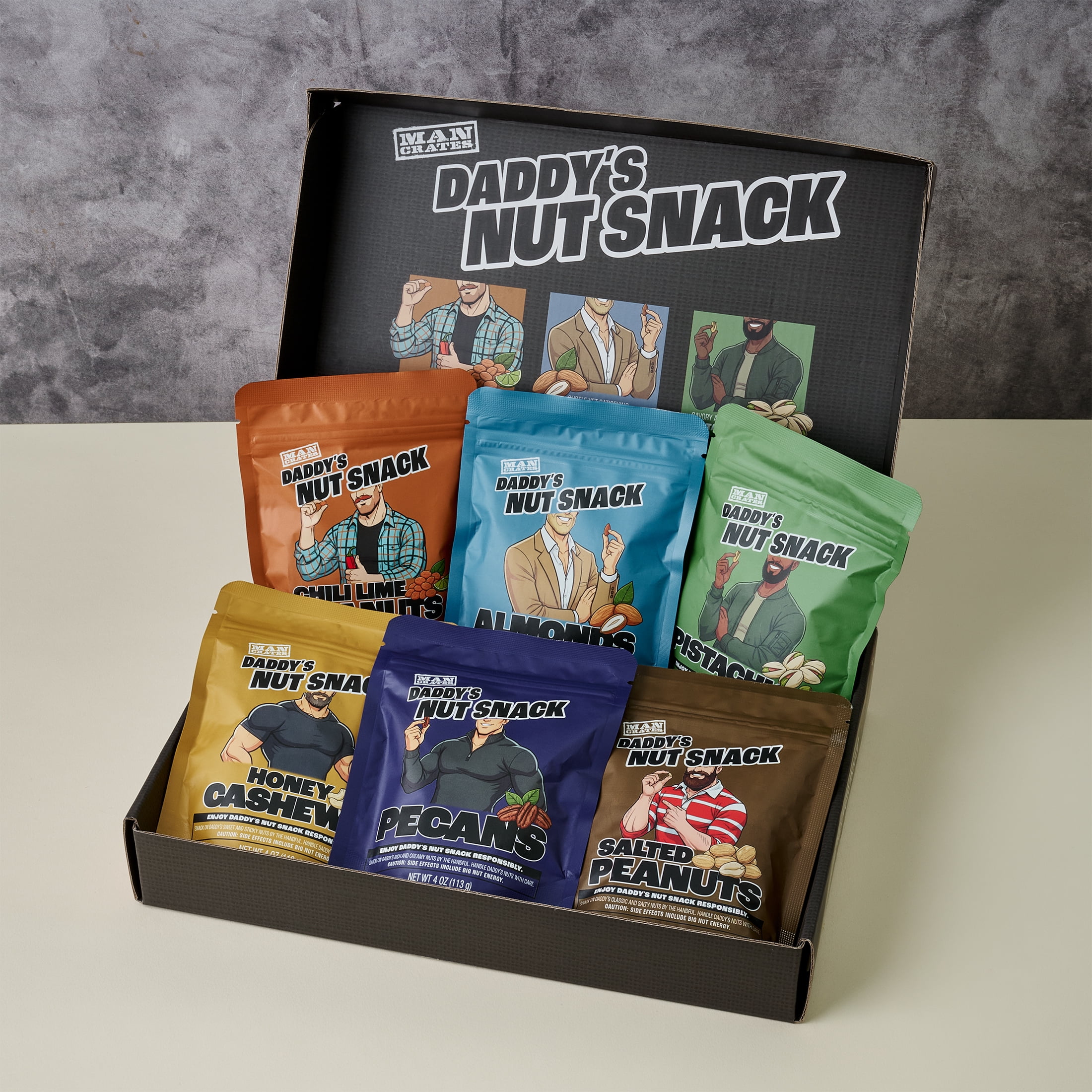 Man Crates Daddy’s Nut Snack Variety Pack, Gourmet Mixed Nuts Basket with Almonds, Pistachios, Cashews, Pecans and Peanuts