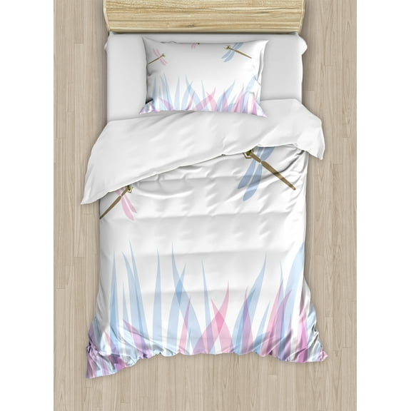 Dragonfly Duvet Cover Set, Nature Themed Colorful Birds Like Bugs Flies on Abstract Image, Decorative 2 Piece Bedding Set with 1 Pillow Shams, Twin Size, Violet Pink and Blue, by Ambesonne