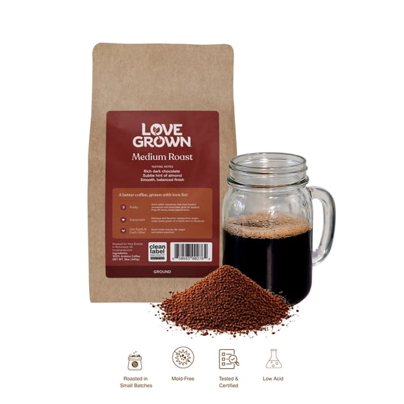 Love Grown Ground Coffee - 100% Arabica Beans, Honduras Single-Origin, Smooth Flavor, Rich Aroma - Vegan, Gluten-Free, Non-GMO - (Medium Roast), 12oz Bag