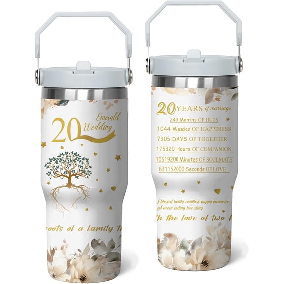 20th Wedding Anniversary Tumbler with Handle and Straw, Emerald Wedding 20th Anniversary Stainless Steel Cups 30 Oz, 32th Anniversary Cup For Couple Parents Friends, Wedding Gifts Anniversary Cups