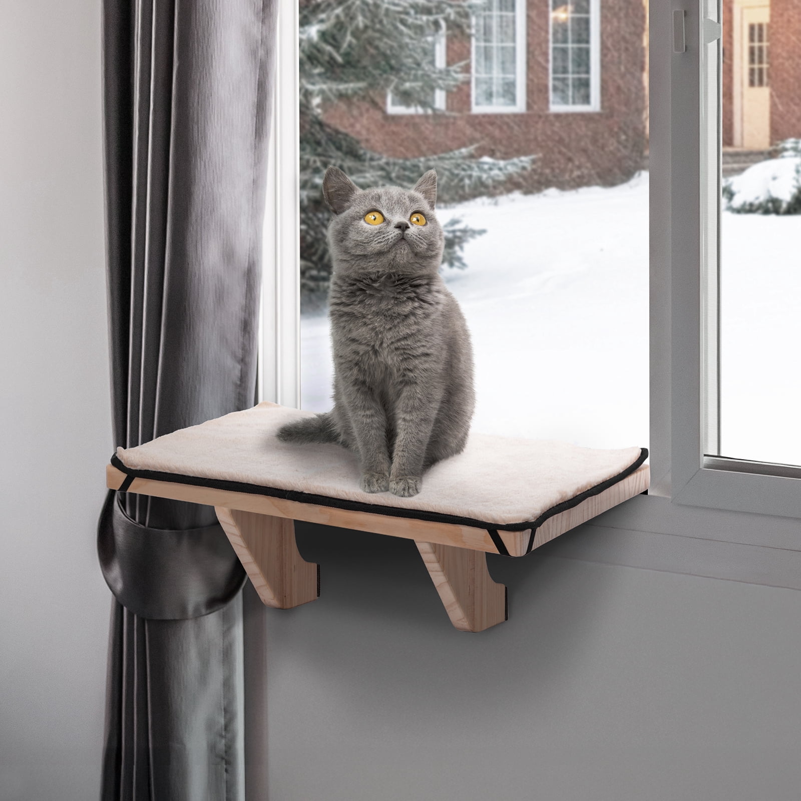 PETSFIT Cat Window Perch, Cat Hammock Window Seat with Natural Solid Wood&Removable Fleece Mat,Safety Sturdy Cat Bed for Windowsill, Bedside and Drawer