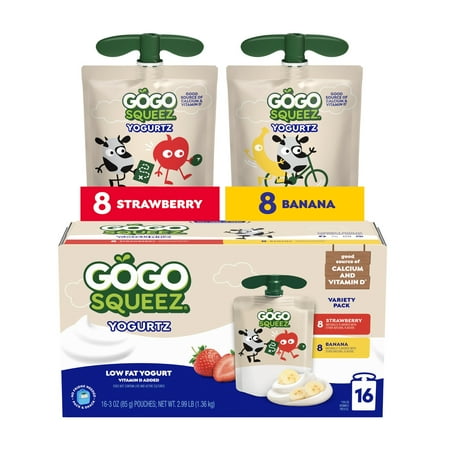 GoGo squeeZ Low Fat Yogurtz Strawberry and Banana Yogurt Snack Pouches, 3 oz (16 Pack)