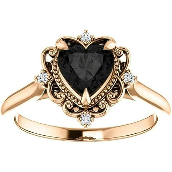 beryl_creation 925 Sterling Silver 2.20 Ct Heart Cut Black Diamond Wedding Engagement Thanksgiving Christmas Vintage Halo Ring 14K Rose Gold Plated For Women's -6.5