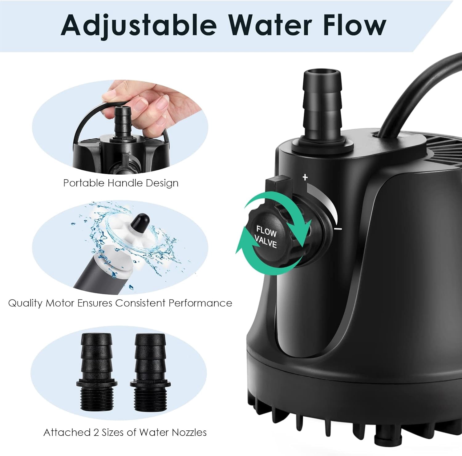AQQA 265-800 GPH Submersible Aquarium Water Pump with Adjustable Switch, Removal and Drainage Sump Cleaning 2 Nozzles for Aquarium, Pond, Fish Tank, Hydroponics, Backyard (25W 400GPH)