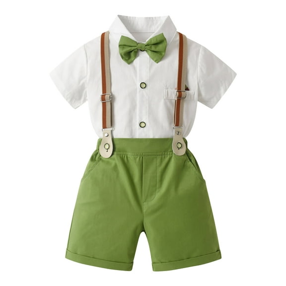 Happy Cherry Infant Boy Formal Outfits Toddler Wedding Suits Gentleman Clothes Baby Newborn Summer Wear Dress Shirt with Bowtie Suspender Set 6-12 M