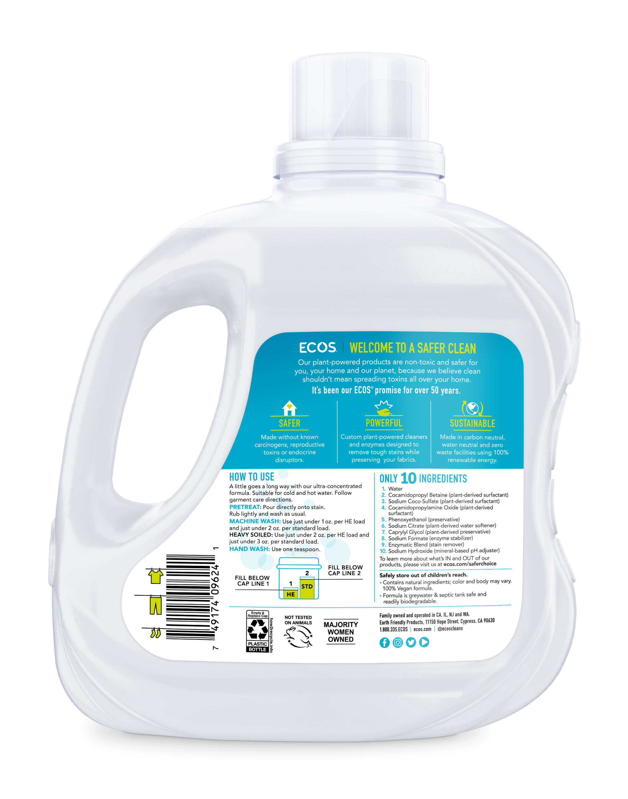 ECOS Plant Powered Liquid Laundry Detergent with Stain-Fighting Enzymes, Free & Clear, 120 Loads, 110 Ounce, Hypoallergenic for sensitive skin - image 2 of 9