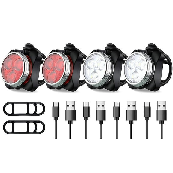 Bike Light Set, USB Rechargeable, Super Bright Bicycle Light, Bike Lights Front and Back, Bike Headlight, 2X Longer Battery Life, Waterproof, 4 Modes (2 Cables, 4 Straps) - 2 Pack