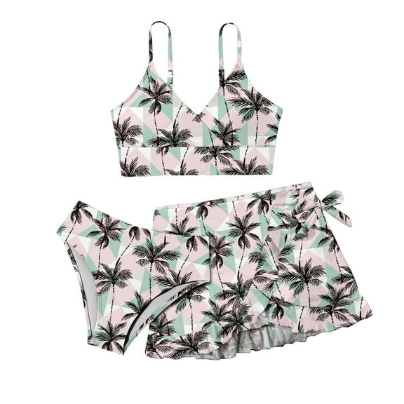 Hiijoy Big Girls Bikini Swimsuit with Cover Up Coconut Tree Print Bathing Suit,3-Piece
