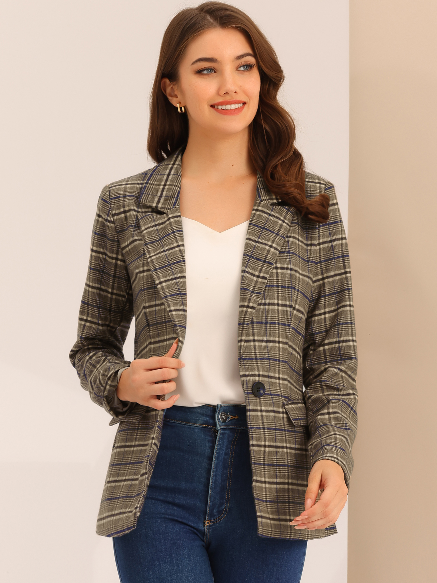DARING DIVA Women's Boyfriend Notched Lapel One Button Blazer Suit Plaid Blazer Jacket L Blue Brown