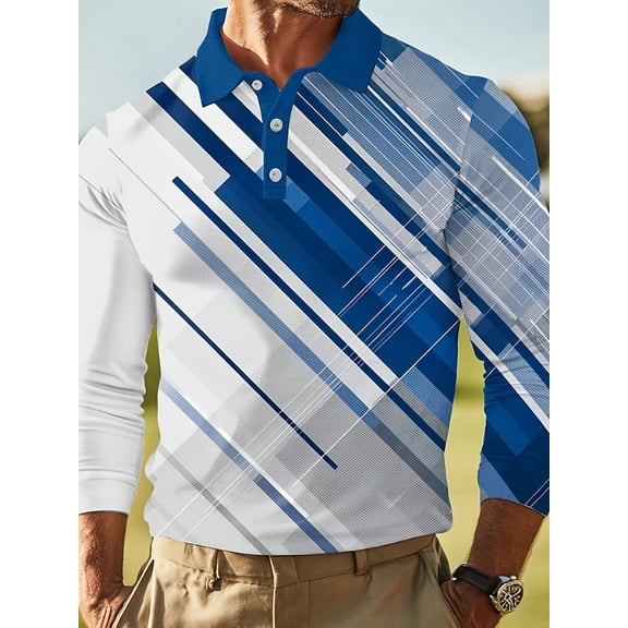Mens Striped Polo Shirts Long Sleeve Casual Dry Fit Performance Desig Button Collar Golf Polo Shirts Blue XL
