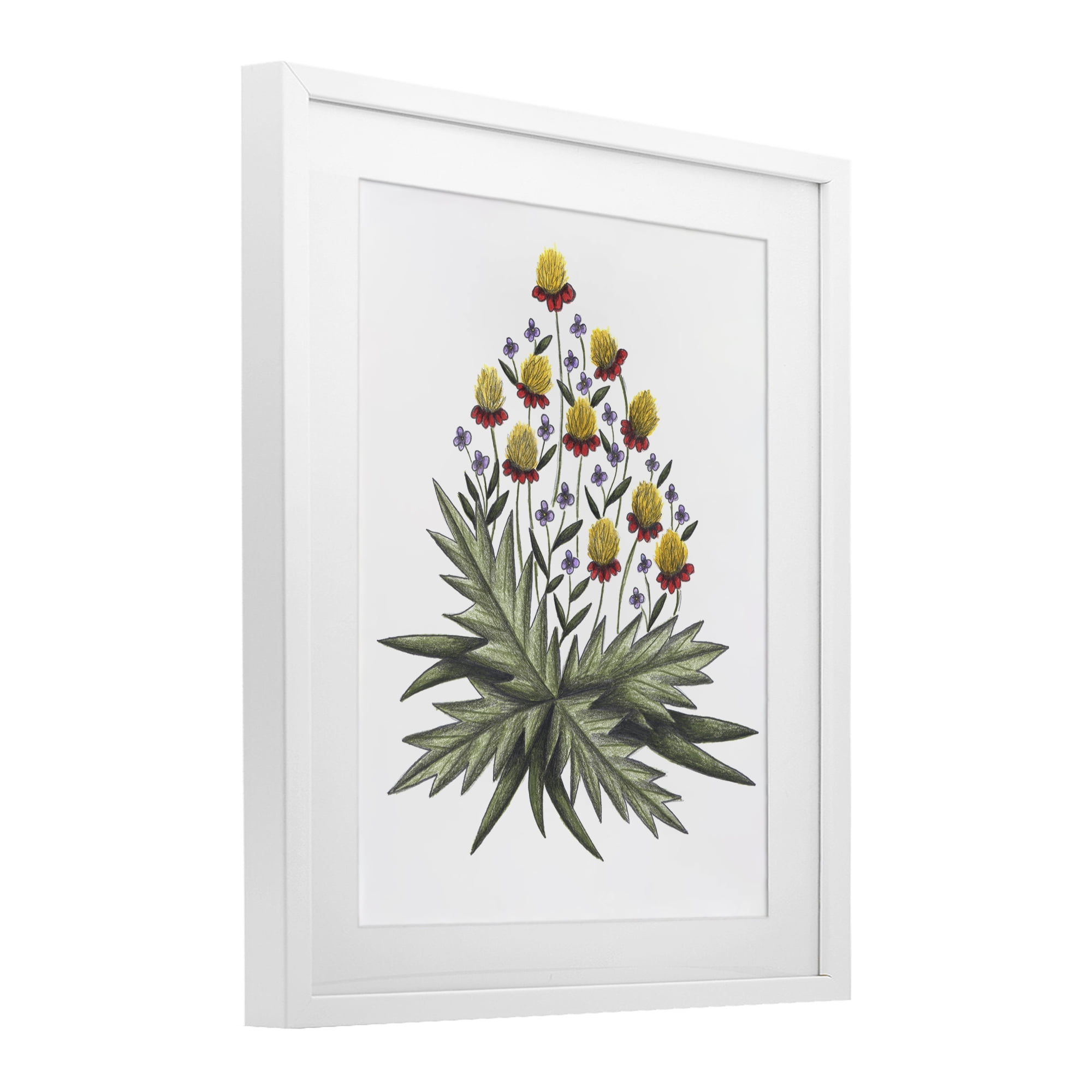 Yellow Leafy Wild Flowers White Framed Print Under Glass, design by Cecilia Battaini