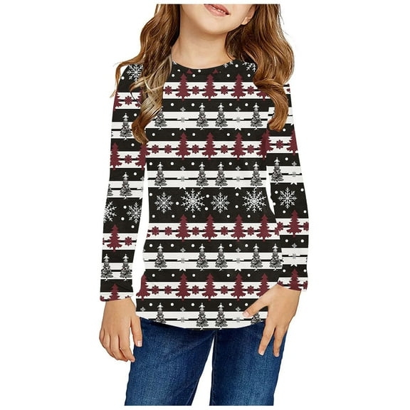 Odeerbi Kids Girls Fall Winter Basic Layering T-Shirt Christmas Basic Tees 3-14 Years Kids Christmas Print Pullover Long Sleeve Top Base Layer Shirt Kids Clothes Black