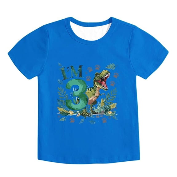 Tisuna 3Rd Birthday Summer T Shirts Boys Toddler Dinosaur Print Short Sleeve Crew Neck Tops Little Boys Breathable Birthday Party Wear Blue Size 1-2 Years