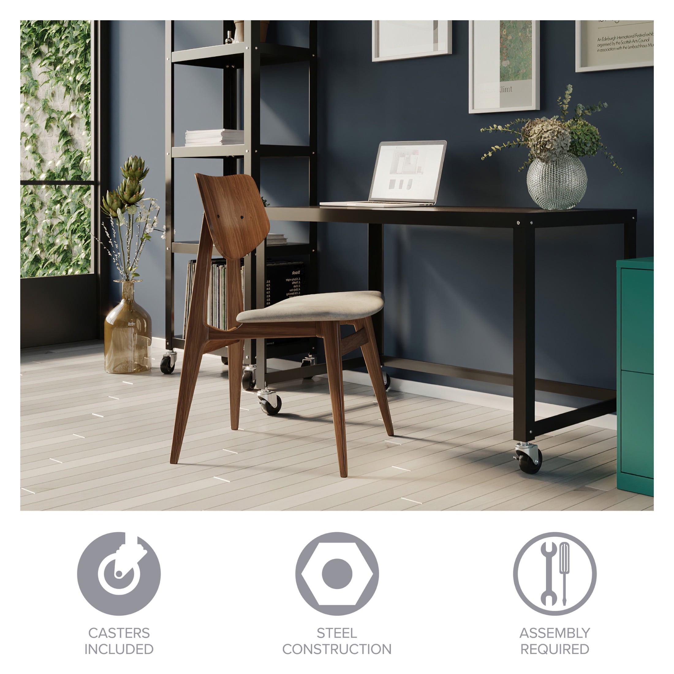 Hirsh Ready-to-Assemble 48-inch Wide Mobile Metal Desk for Home Office, Black