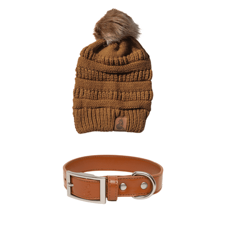 Brown Knit Hat with Pom and Vegan Leather Dog Collar Matching Set