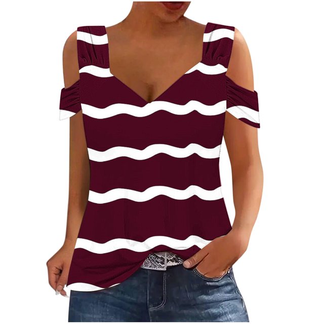 Camisas de Manga Corta para las Mujeres, Cuello en V Plegable de Impresión Del Hombro Top Casual Hecho de Poliéster Cómodo para el Verano, Tops de Bikini para las Mujeres