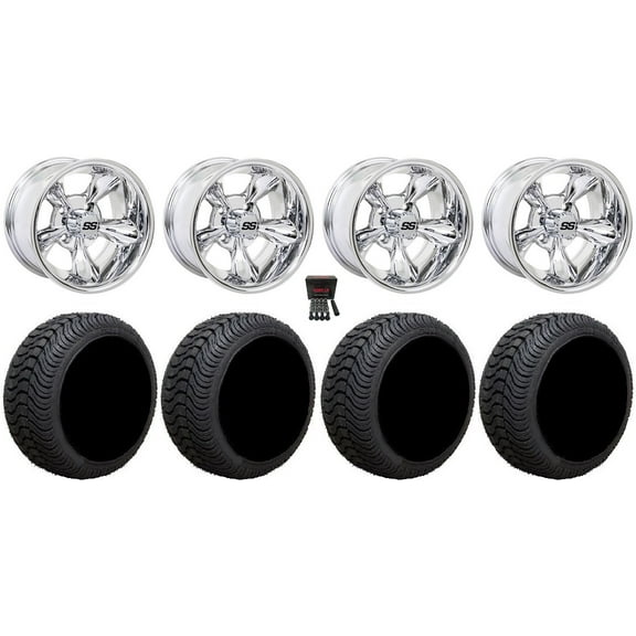 GTW Godfather 12" Golf Cart Wheels Chrome 215x50 Cruze Tires E-Z-GO & Club Car