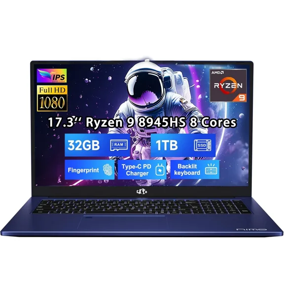17.3 New Gaming Laptop Ryzen 9 8945HS ( Up to 5.2GHz) 32GB RAM, 1TB SSD, Radeon 780M, PD 100W Type-C AI-Enhanced for Copilot VR Ready, Backlit Keyboard, Fingerprint, 75W Battery