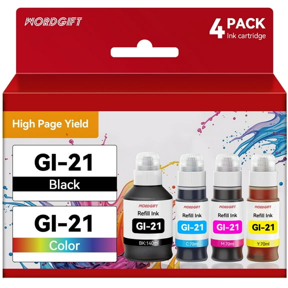 GI 21 Ink Bottle for Canon 21 GI-21 GI21 Ink Refill Bottle for Canon Ink GI-21 for Canon PIXMA G3260 G3270 G2260 G1220 G4270 G5020 G6020 (Black Magenta Cyan Yellow, 4 Pack)