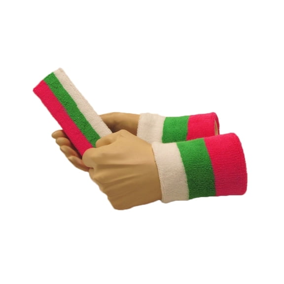 Couver 3 Color Striped Terry Sports Sweat Headband & Wristband 3 Pieces Set, One Size (Bright Pink/Bright Green/White)