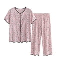 thumbnail image 1 of Conjunto de Dos Piezas para las Mujeres de Verano Casual Manga Corta Cuello Redondo Y Pantalones, Algodón Seda Pijama Conjunto, 1 of 3