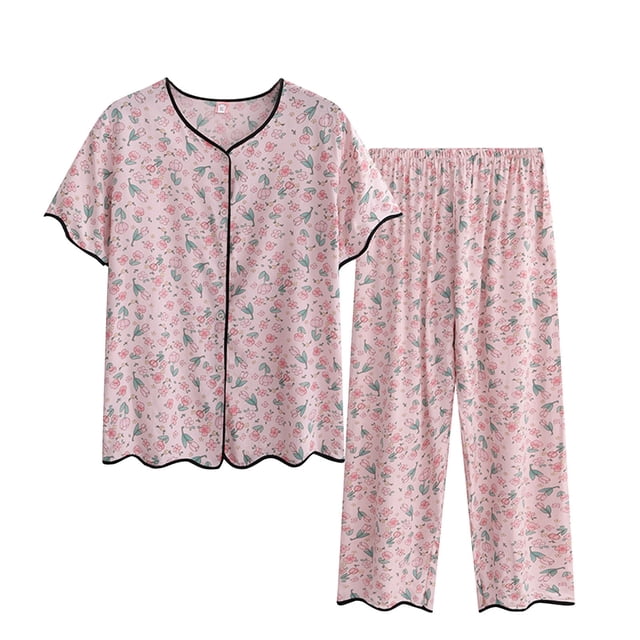 Conjunto de Dos Piezas para las Mujeres de Verano Casual Manga Corta Cuello Redondo Y Pantalones, Algodón Seda Pijama Conjunto