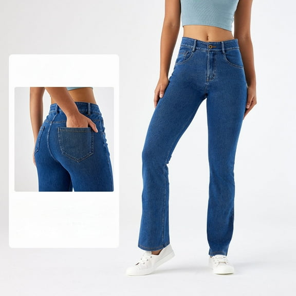 ZHOGXU Women Jeans With Pocket Elastic Pull On Skinny Flared Comfortable Breathable Denim Pants Trousers For Outdoor Activities,Blue,L