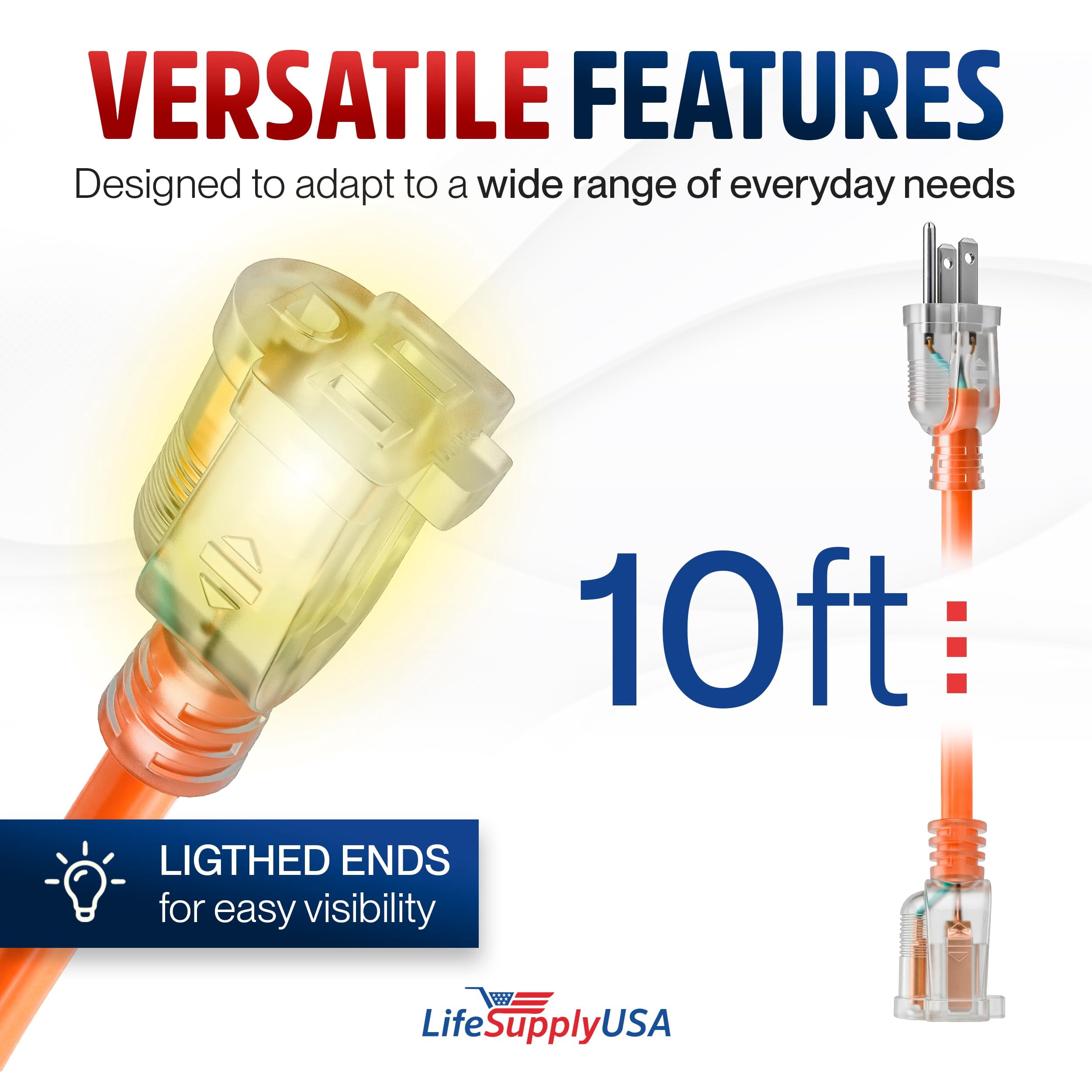 10ft Outdoor/Indoor Extension Cord 10/3 Gauge Ultra Heavy Duty 3 Prong SJTW, Waterproof, Flexible Cold-Resistant Long Power Cord,15A 125V 1875W, Orange by LifeSupplyUSA