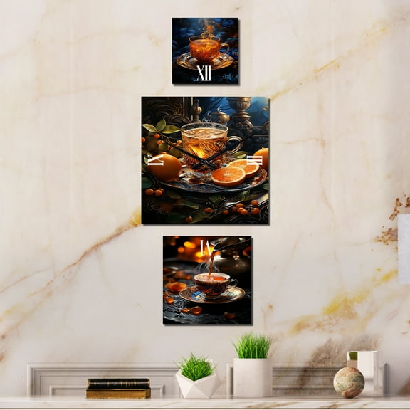 Designart "Twilight with Turkish Coffee" Coffee & Tea Oversized Wall Clock - Set Of 3 - Extra large Clock For Office Décor - Large Traditional Wall Clock