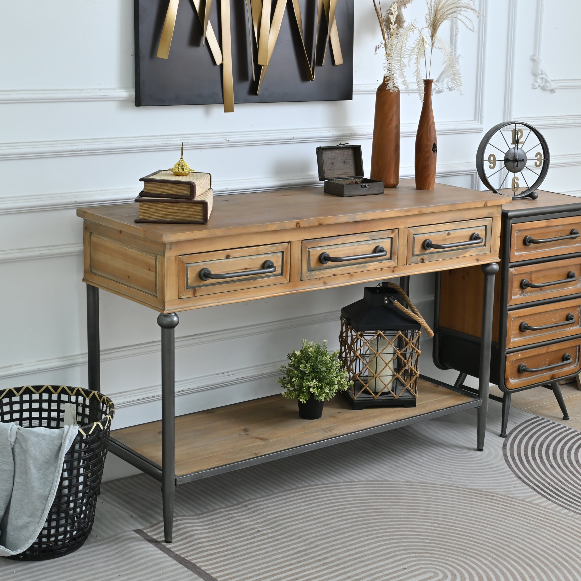 Leumius 48.03" Accent Rustic Storage Console Table, Rectangle Solid Wooden Top Metal Leg Console Table with Open Shelf and 3 Drawers for Living Room