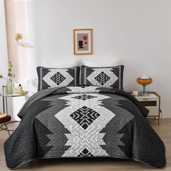 Black Grey Boho Queen Size Quilt Set 3 Pieces Bohemian Bedspread Coverlet Set Bedding Set 96"x90"