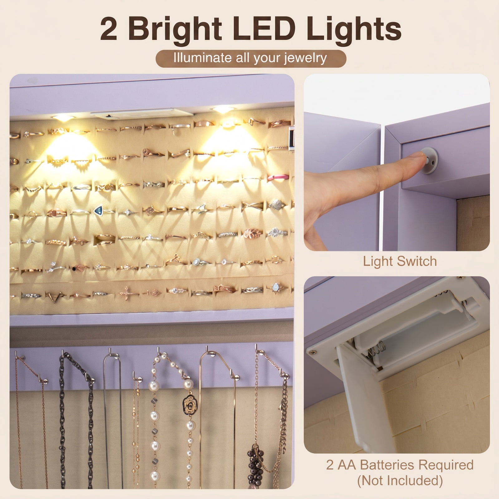 Furnibear Wall and Door Mounted Mirrored Jewelry Cabinet with Lights for Bedroom Dressing Room Jewelry Necklace Rings Storage Mirror, Purple